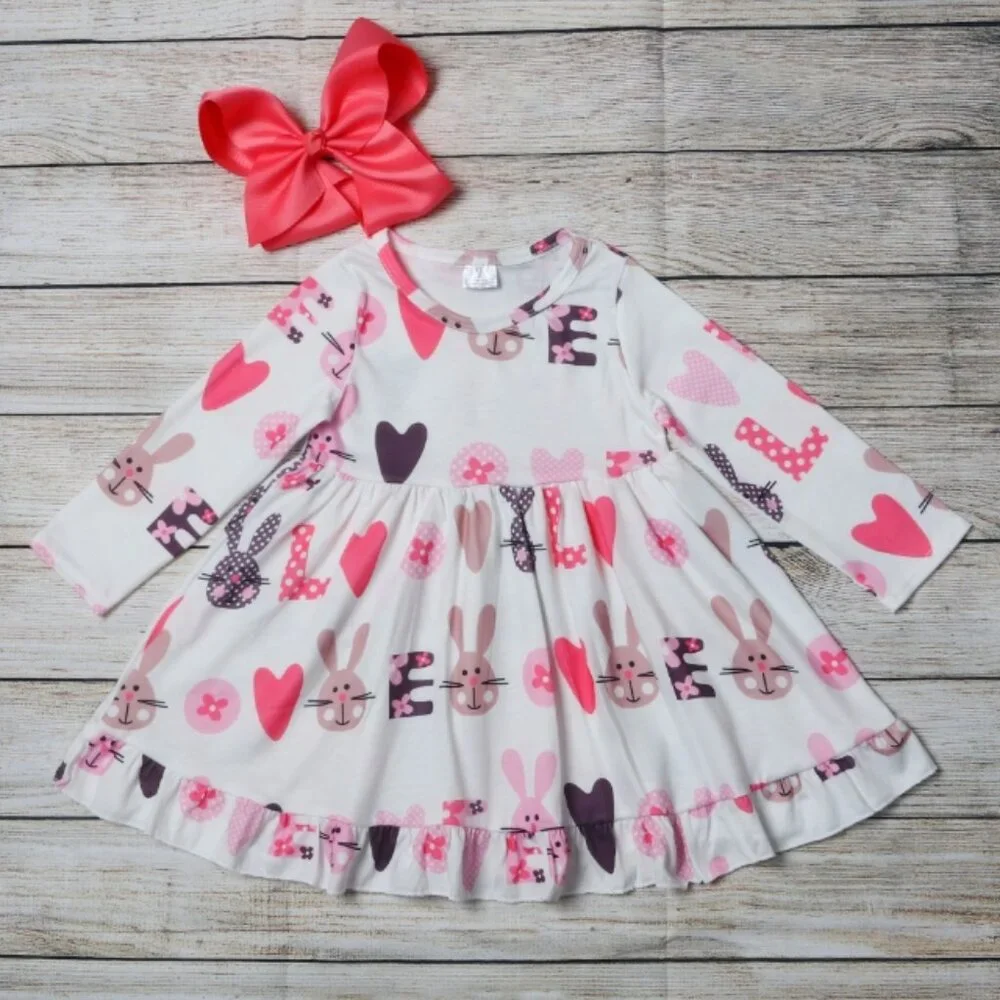 Boutique Baby Girls Love Bunny Rabbit Easter Valentine's Long Sleeve Dress